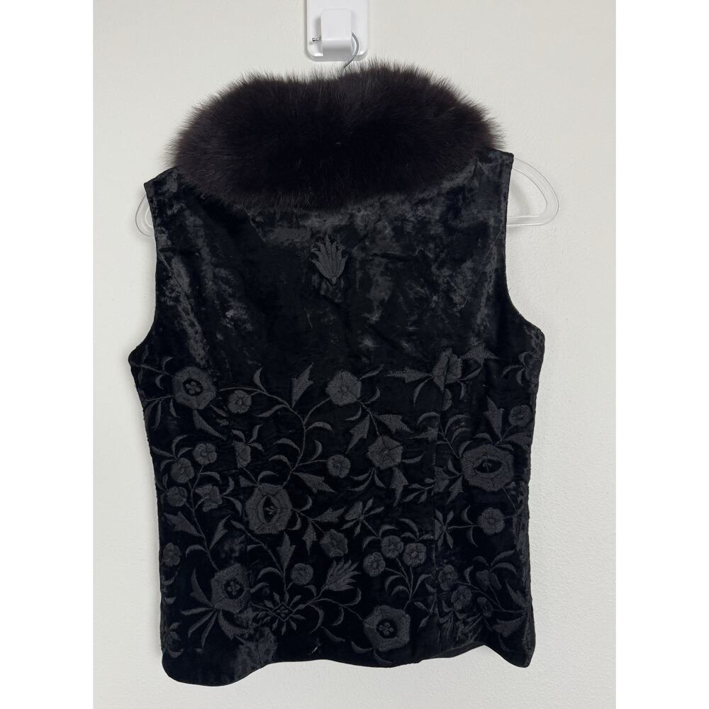 Vintage Adrienne Landau Silk Velvet Vest Fox Fur Collar Embroidered Black USA S - Picture 2 of 11